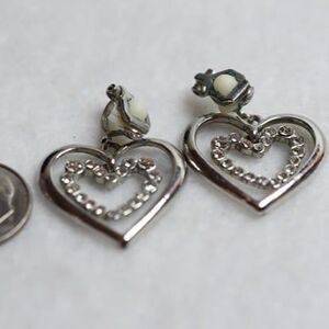 Vintage Glam Double Heart Silver Tone Rhinestone Bridal Wedding Clip On Earrings